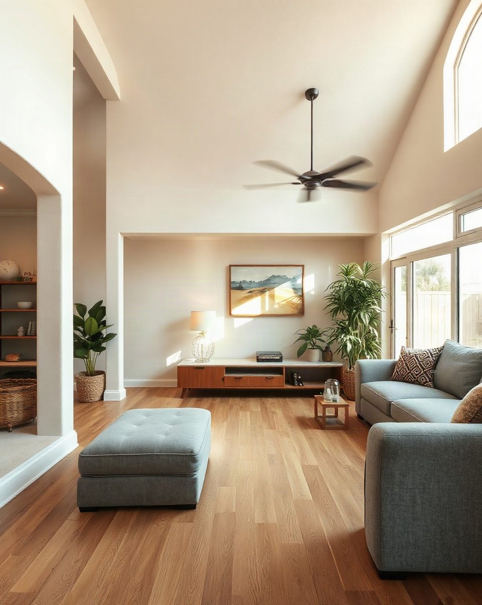 Warm, finished living space with high ceiling, hardwood floors, and layered natural light