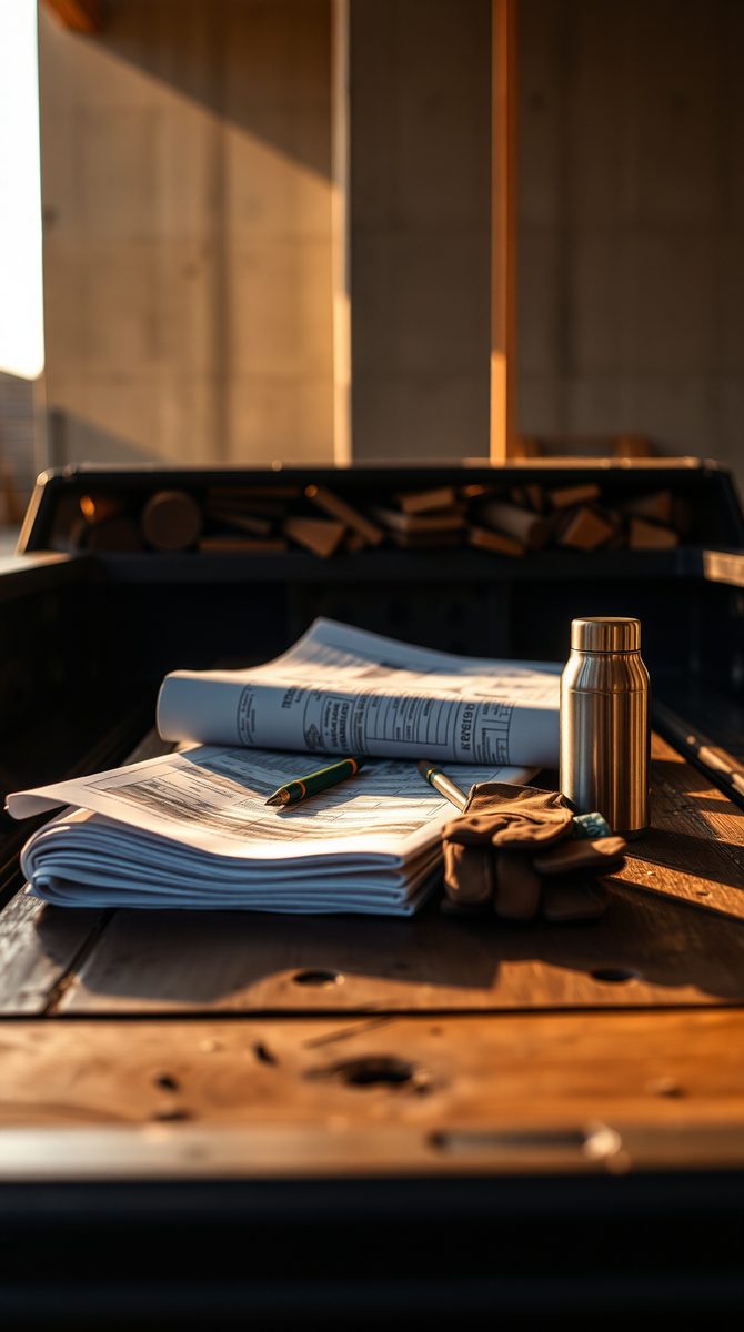 Blueprints and notebook laid out on the desk of a Ferrante Construction planning session