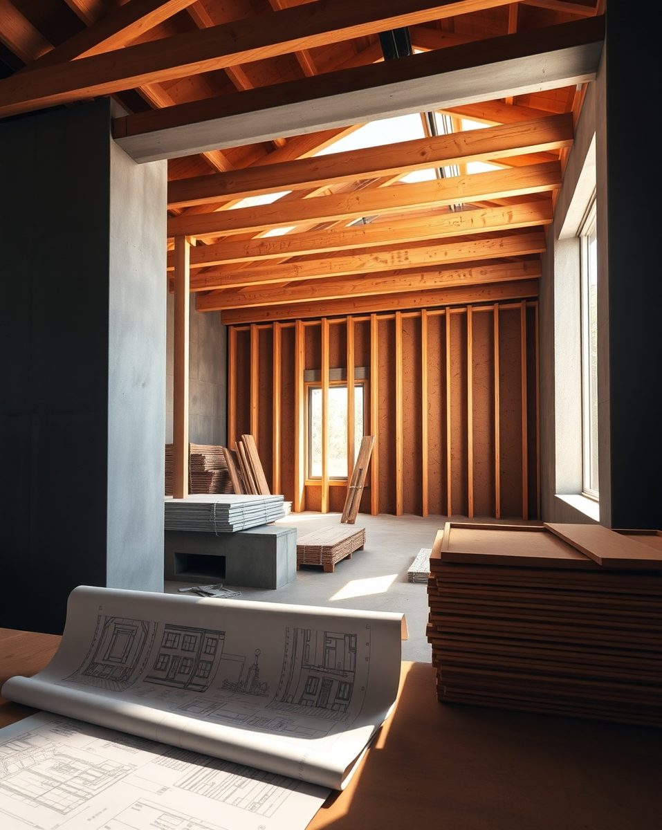 Interior renovation in progress with exposed framing and layered materials