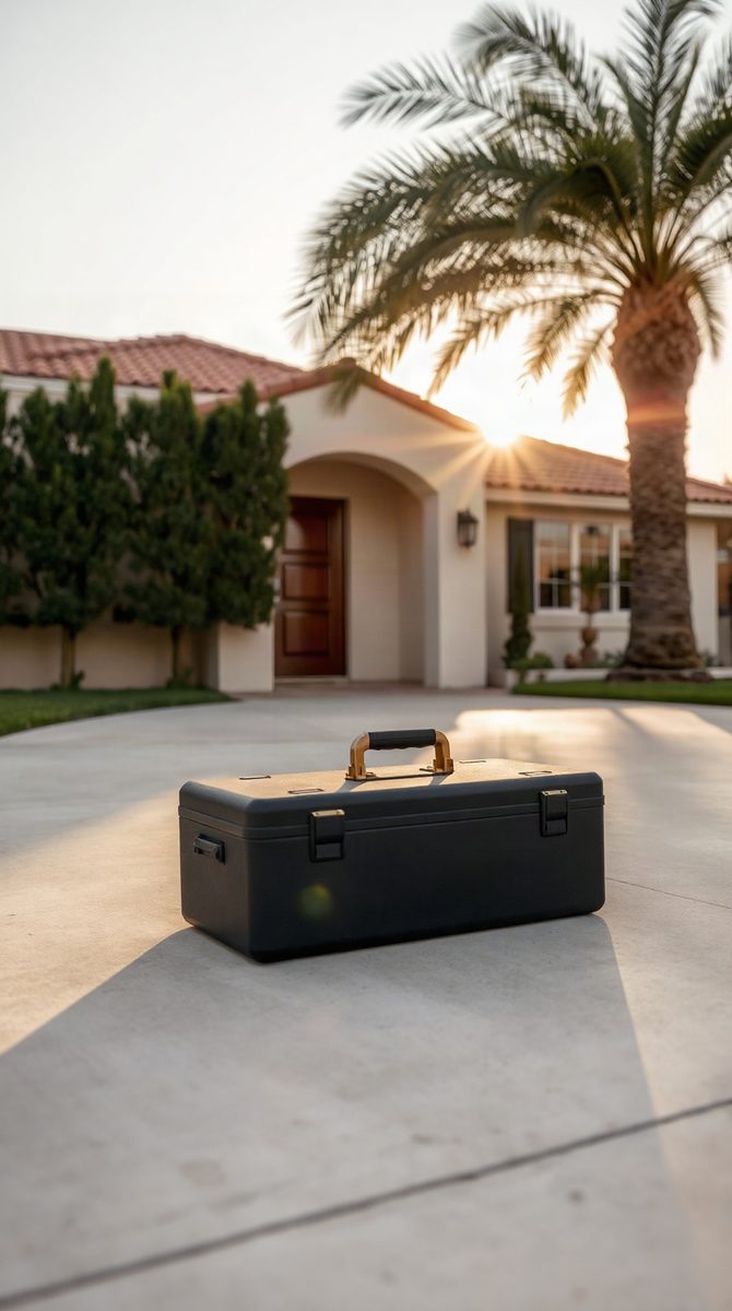 Southern California home at sunset, palm tree in front, warm terracotta accents