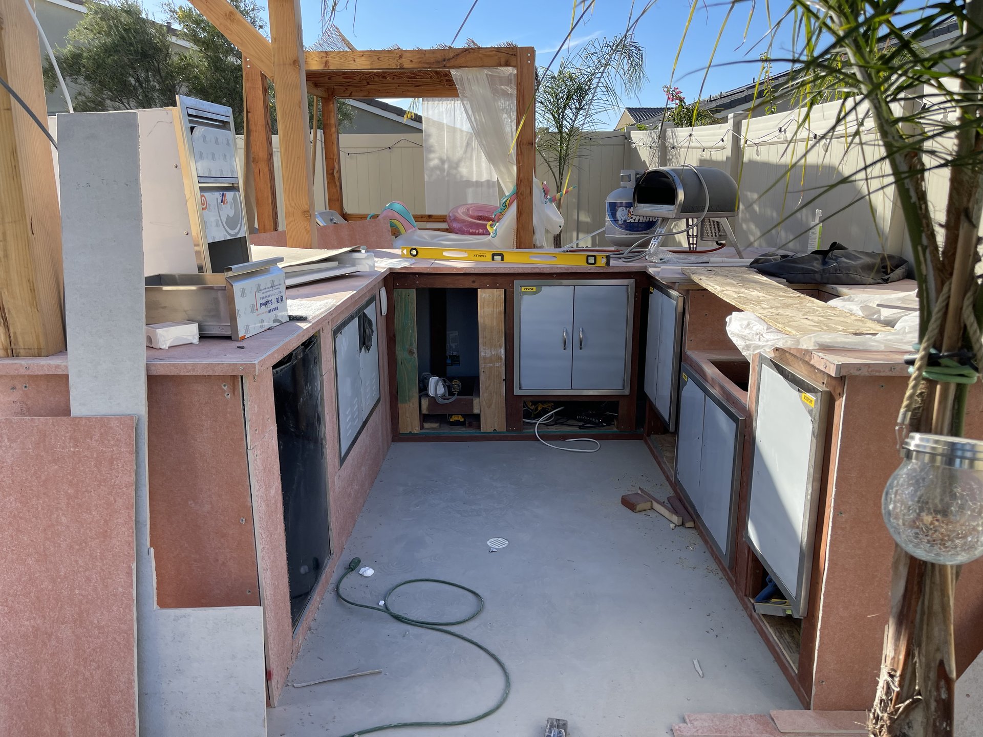 Outdoor kitchen frame mid-construction
