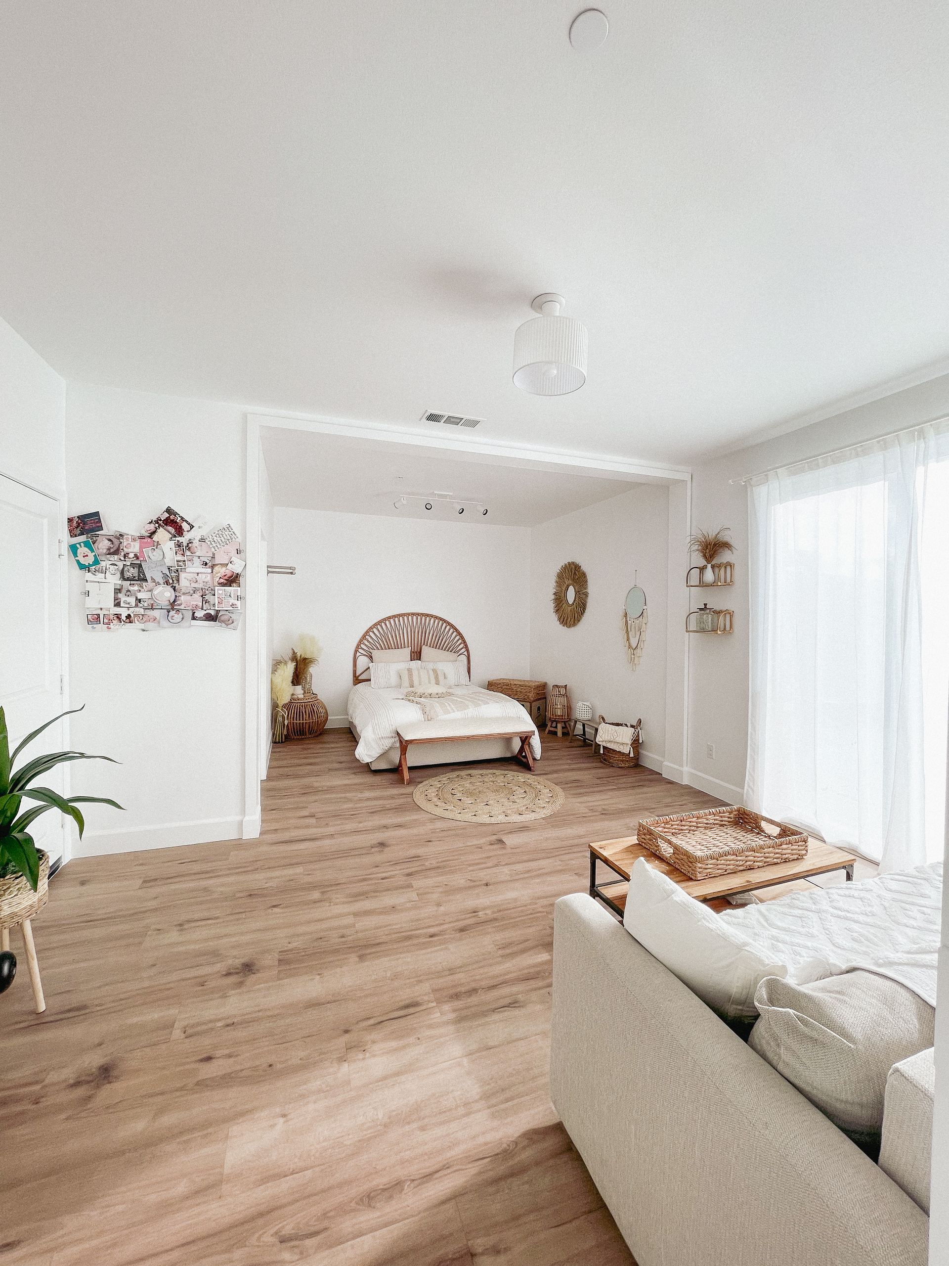 Overall view of the converted garage — bedroom, living, and adjacent rooms